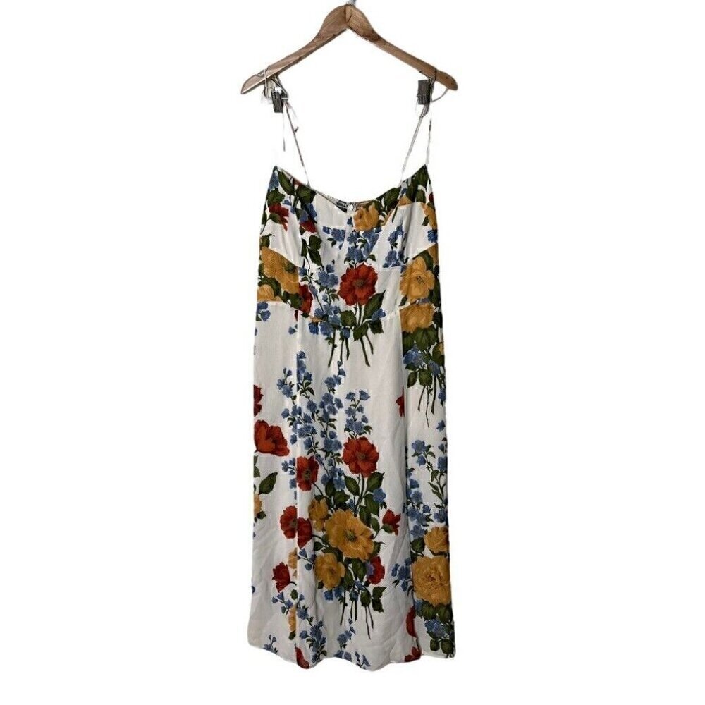 Reformation White Floral Slip Dress with Red, Yellow & Blue Blooms